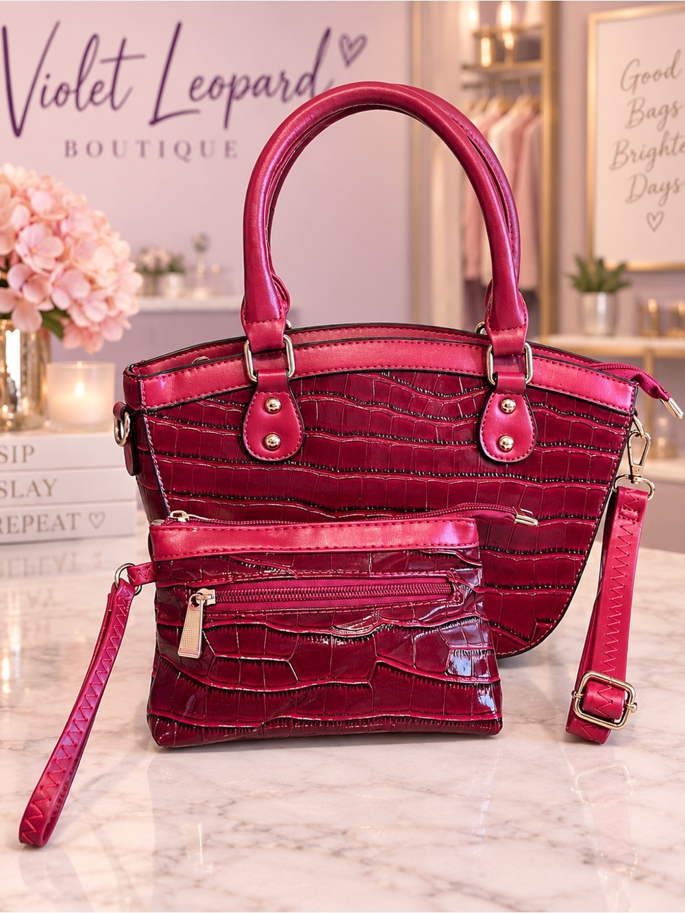 Croc-Embossed Satchel with Detachable Pouch